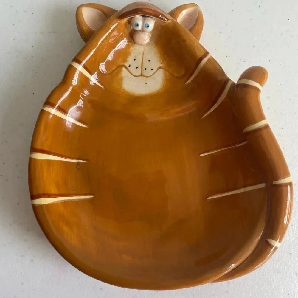 Russ Berrie - Alley Katz Ceramic Hand Painted Cat Candy Dish‎ Orange 7x5.5” EUC!